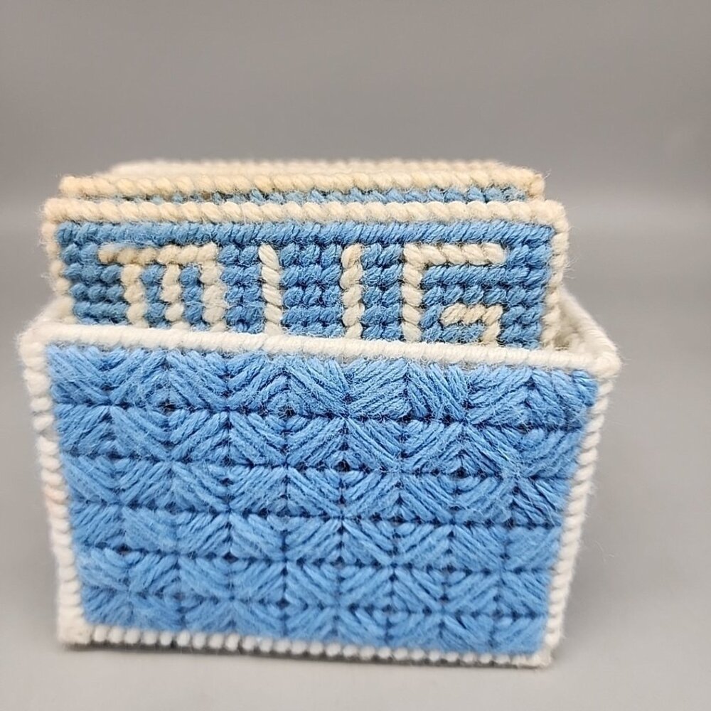 Handmade Needlepoint Coasters Square Set 6 With Holder Blue Tones 4.25x4.25